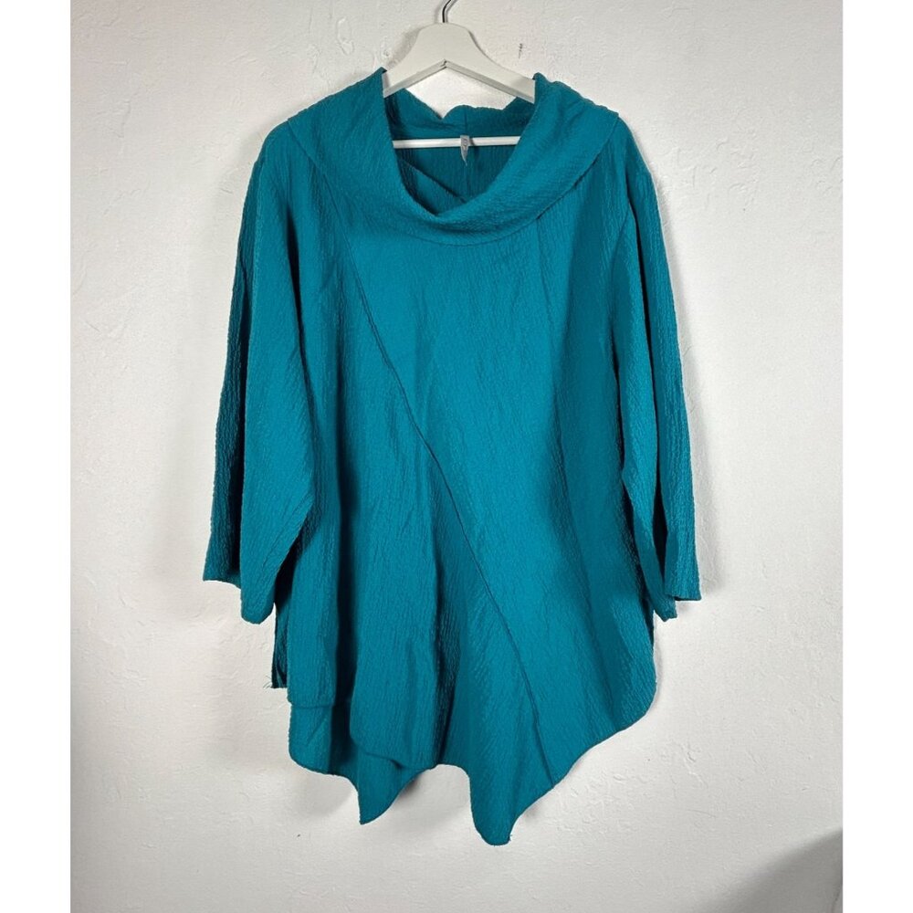 Kiyo USA Womens Turquoise Textured Asymmetrical Cowl Neck  Tunic Top XL Pullover